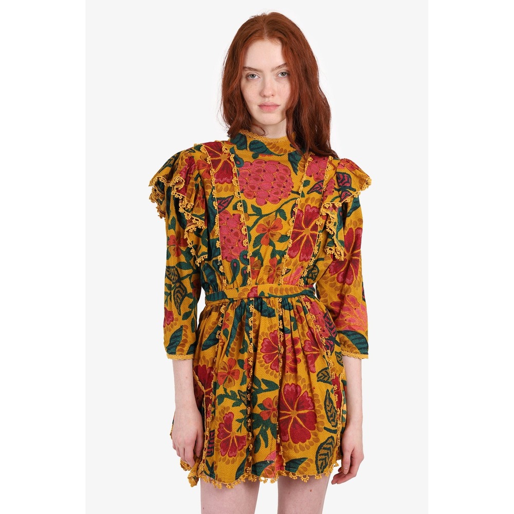 Farm Rio Mini Dress Yellow Floral Ruffle Pom Pom Trim Mock Neck Belted